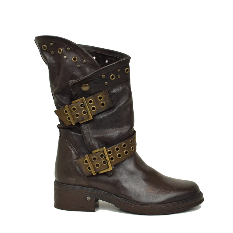 Stivali Donna Biker Marroni in Pelle con Borchie e Fibbioni Made in Italy