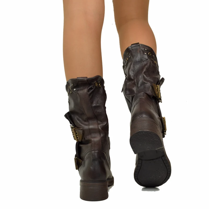 Stivali Donna Biker Marroni in Pelle con Borchie e Fibbioni Made in Italy