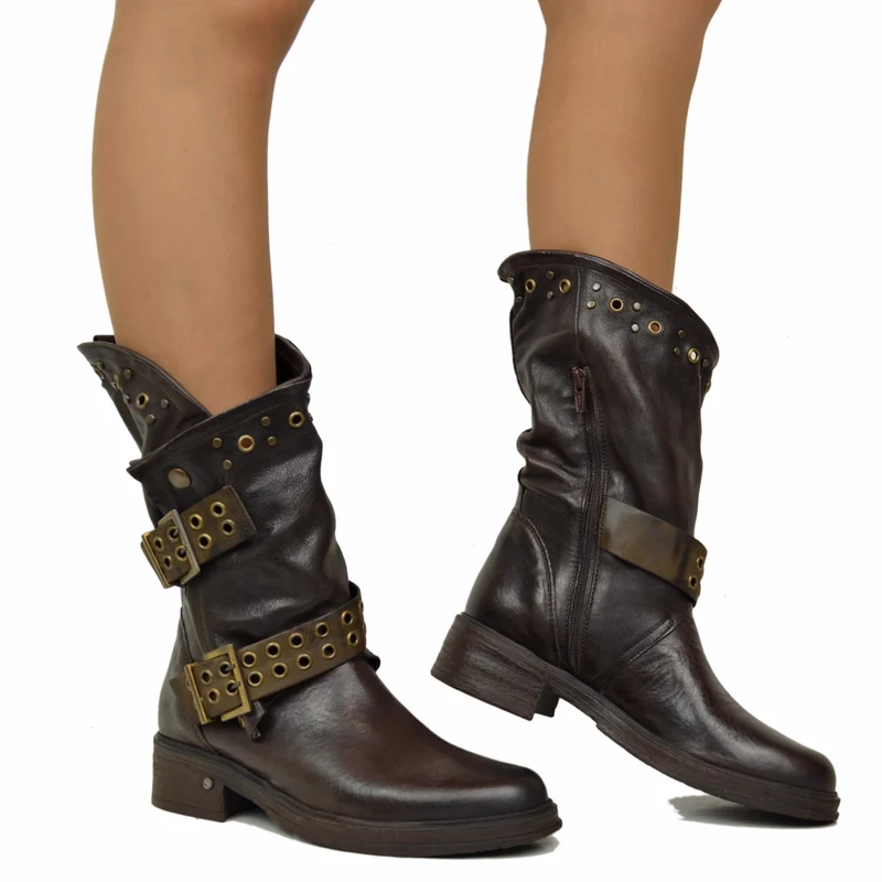 Stivali Donna Biker Marroni in Pelle con Borchie e Fibbioni Made in Italy