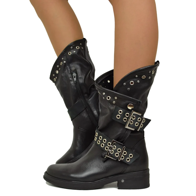 Stivali Donna Biker Neri in Pelle con Borchie e Fibbioni Made in Italy