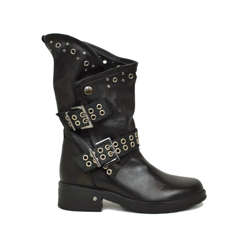 Stivali Donna Biker Neri in Pelle con Borchie e Fibbioni Made in Italy