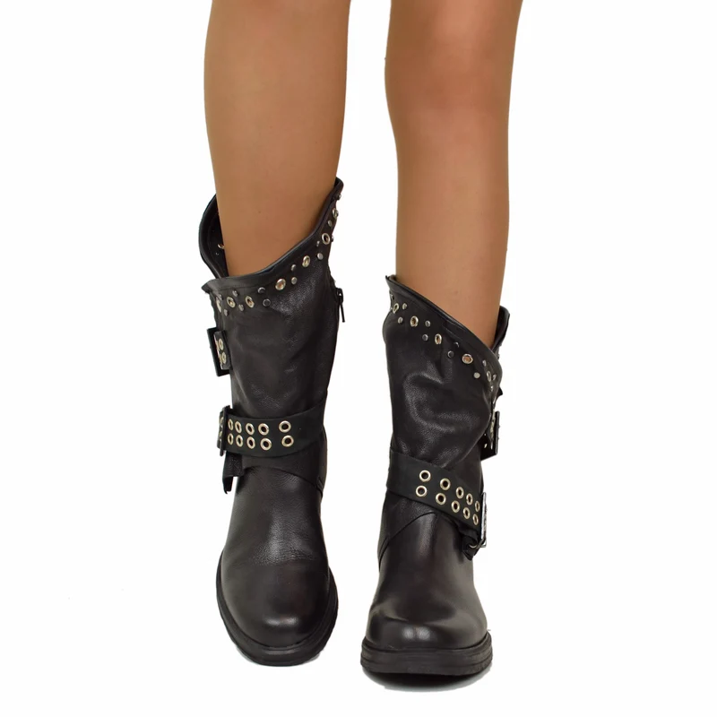 Stivali Donna Biker Neri in Pelle con Borchie e Fibbioni Made in Italy