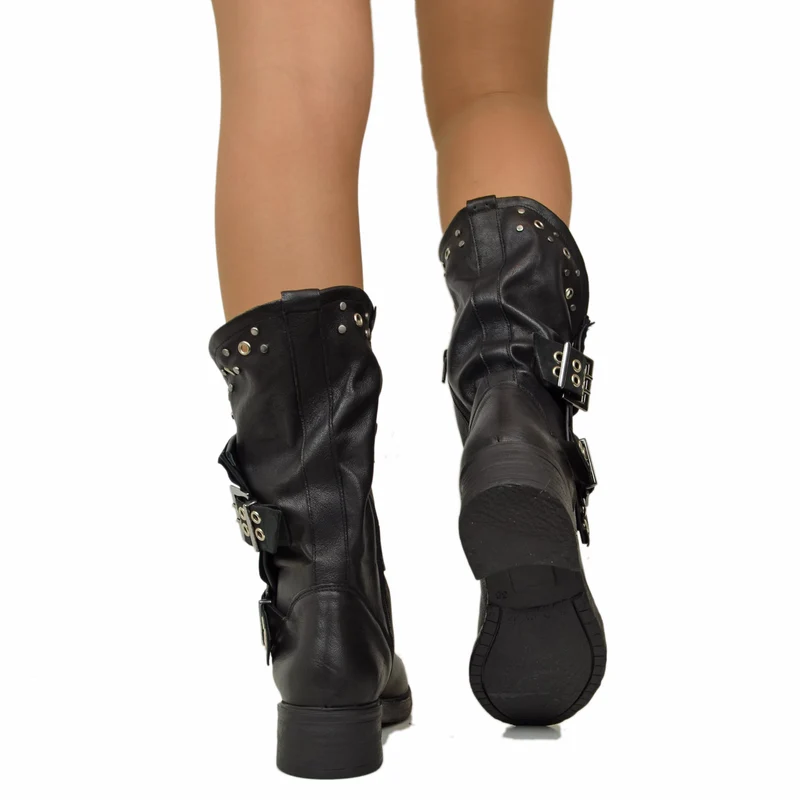 Stivali Donna Biker Neri in Pelle con Borchie e Fibbioni Made in Italy