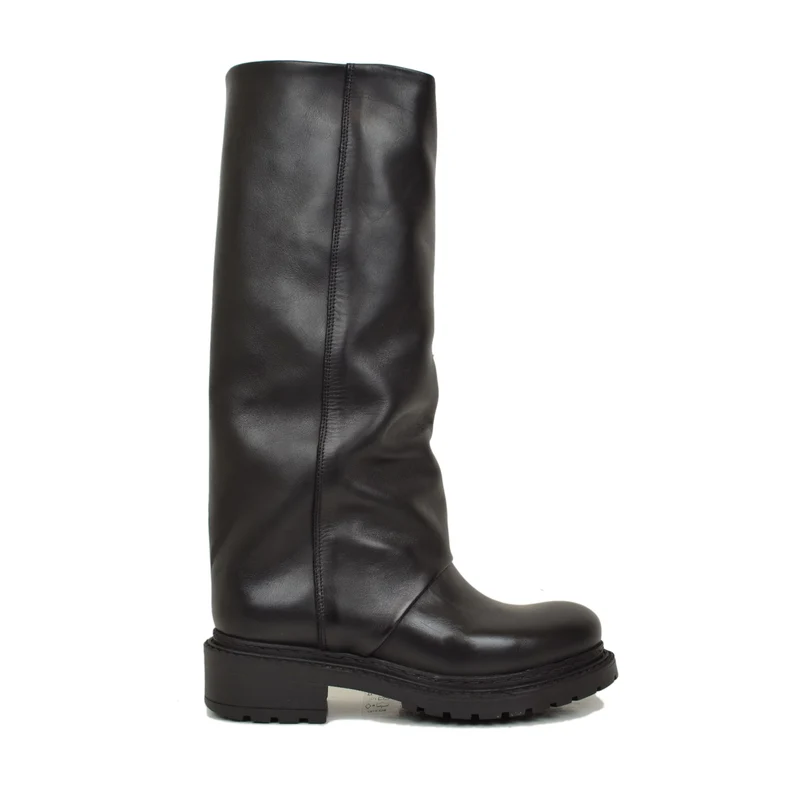 Biker Moto Neri Alti con Ghetta in Vera Pelle Fondo in Gomma