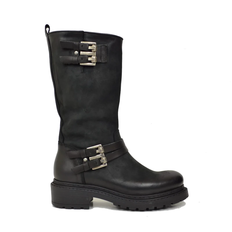 Biker boots Pelle Nabuk Stivaletti Altezza Media con Zip Neri