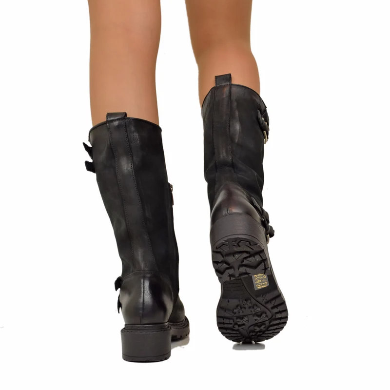 Biker boots Pelle Nabuk Stivaletti Altezza Media con Zip Neri