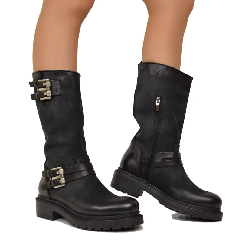 Biker boots Pelle Nabuk Stivaletti Altezza Media con Zip Neri