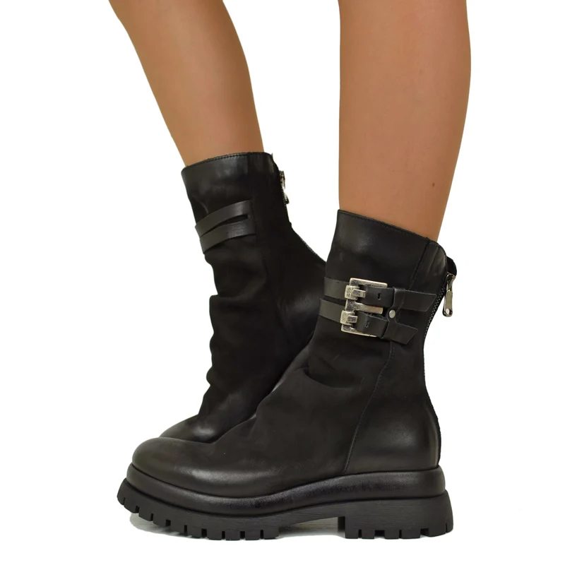 Biker Chunky boots Pelle Nabuk Stivaletti alla Caviglia Zip Posteriore Neri