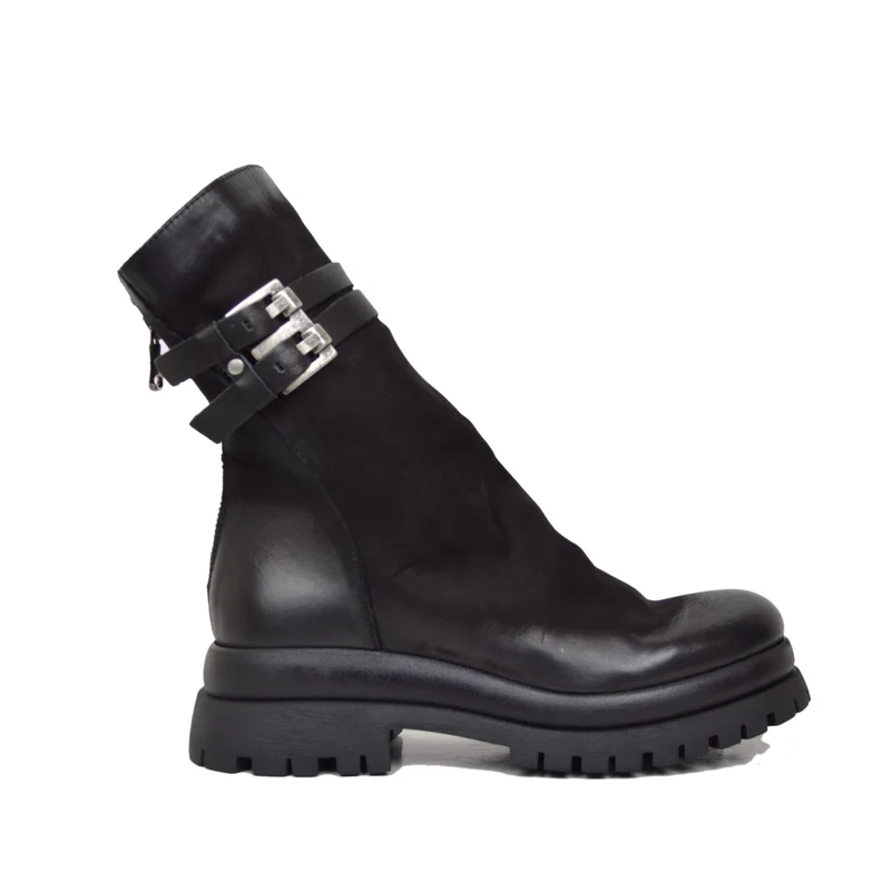 Biker Chunky boots Pelle Nabuk Stivaletti alla Caviglia Zip Posteriore Neri