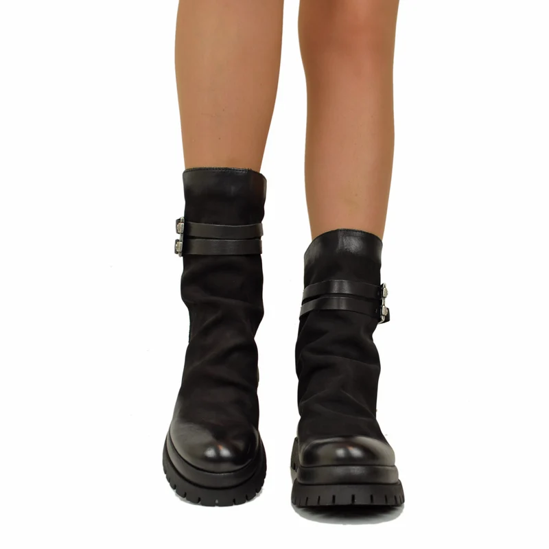 Biker Chunky boots Pelle Nabuk Stivaletti alla Caviglia Zip Posteriore Neri
