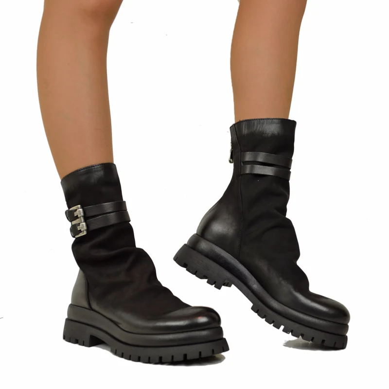 Biker Chunky boots Pelle Nabuk Stivaletti alla Caviglia Zip Posteriore Neri