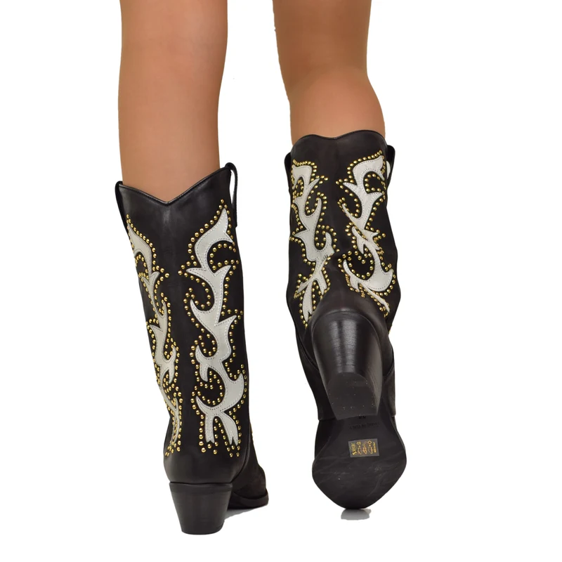 Stivali Cowboy Texani Ricamati e Borchiati Bicolore Pelle Nabuk LIMITED EDITION
