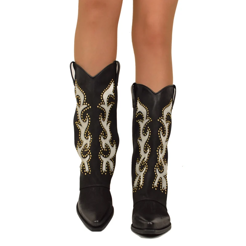 Stivali Cowboy Texani Ricamati e Borchiati Bicolore Pelle Nabuk LIMITED EDITION