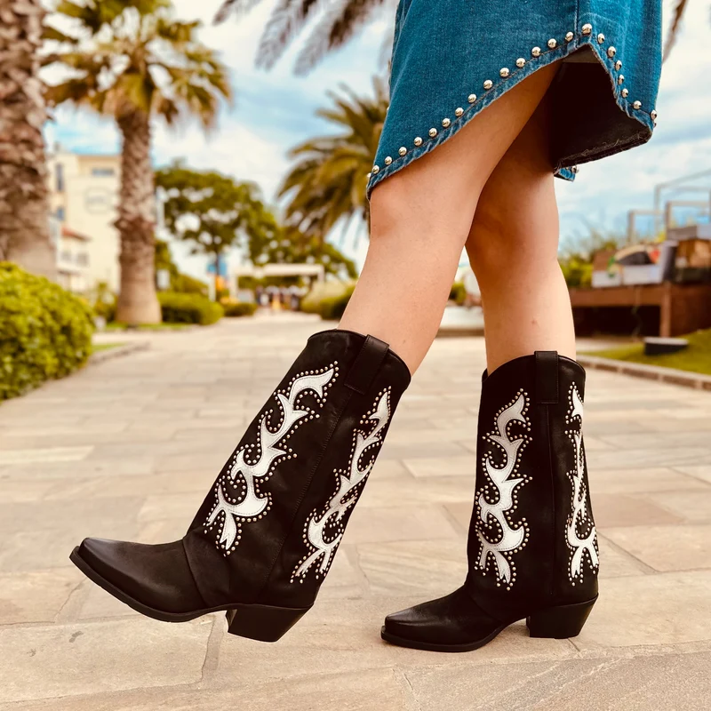 Stivali Cowboy Texani Ricamati e Borchiati Bicolore Pelle Nabuk LIMITED EDITION