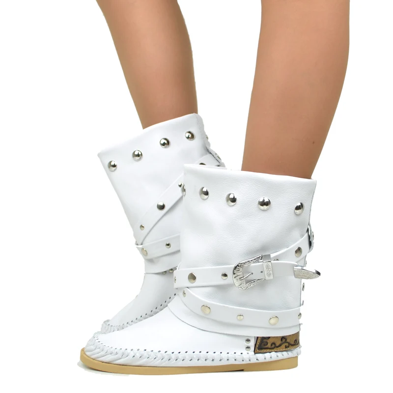 Indianini Bassi in Pelle con Ghetta Bianco con Fibbie Originali KikkiLine
