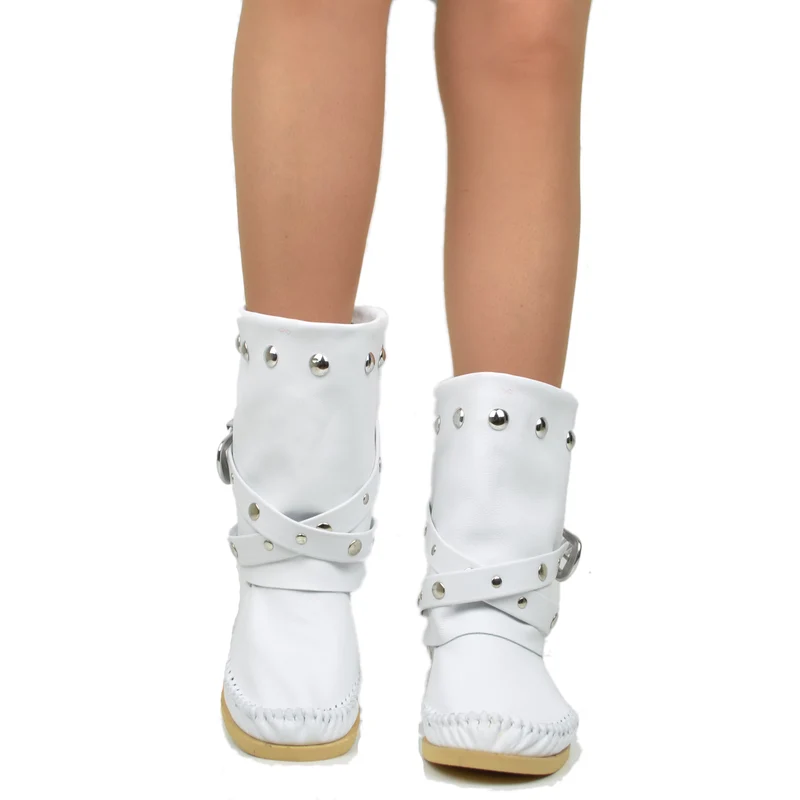 Indianini Bassi in Pelle con Ghetta Bianco con Fibbie Originali KikkiLine