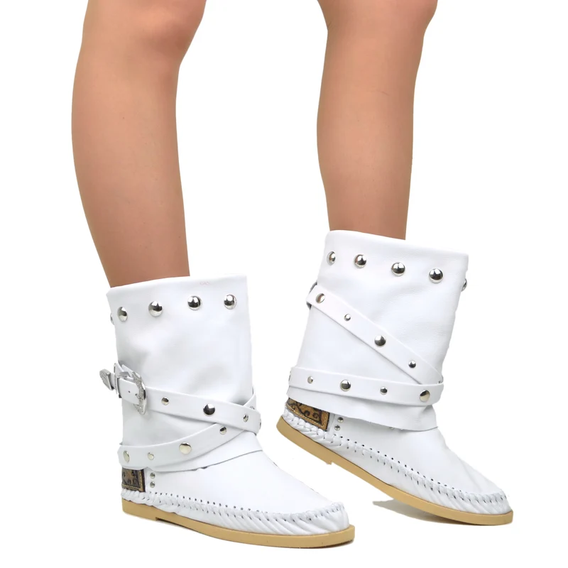Indianini Bassi in Pelle con Ghetta Bianco con Fibbie Originali KikkiLine