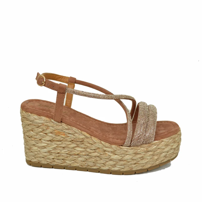 Zeppe Sandali Donna con Strass e Zeppa in Rafia Intrecciata Cuoio