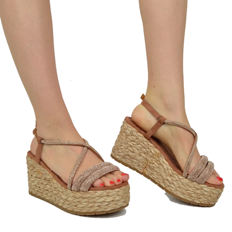 Zeppe Sandali Donna con Strass e Zeppa in Rafia Intrecciata Cuoio
