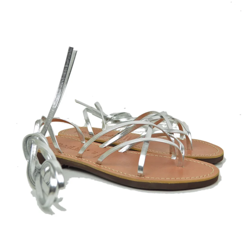 Sandali Infradito Argento alla Schiava Gladiatore Suoletta Cuoio by Kikkiline
