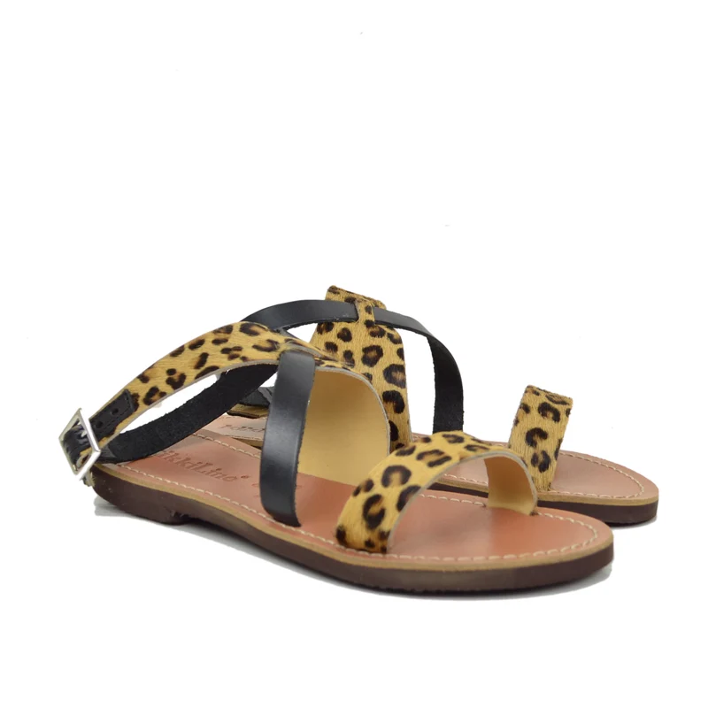 Sandali Salentini in Pelle Cavallino Leopardata con Soletta Cuoio