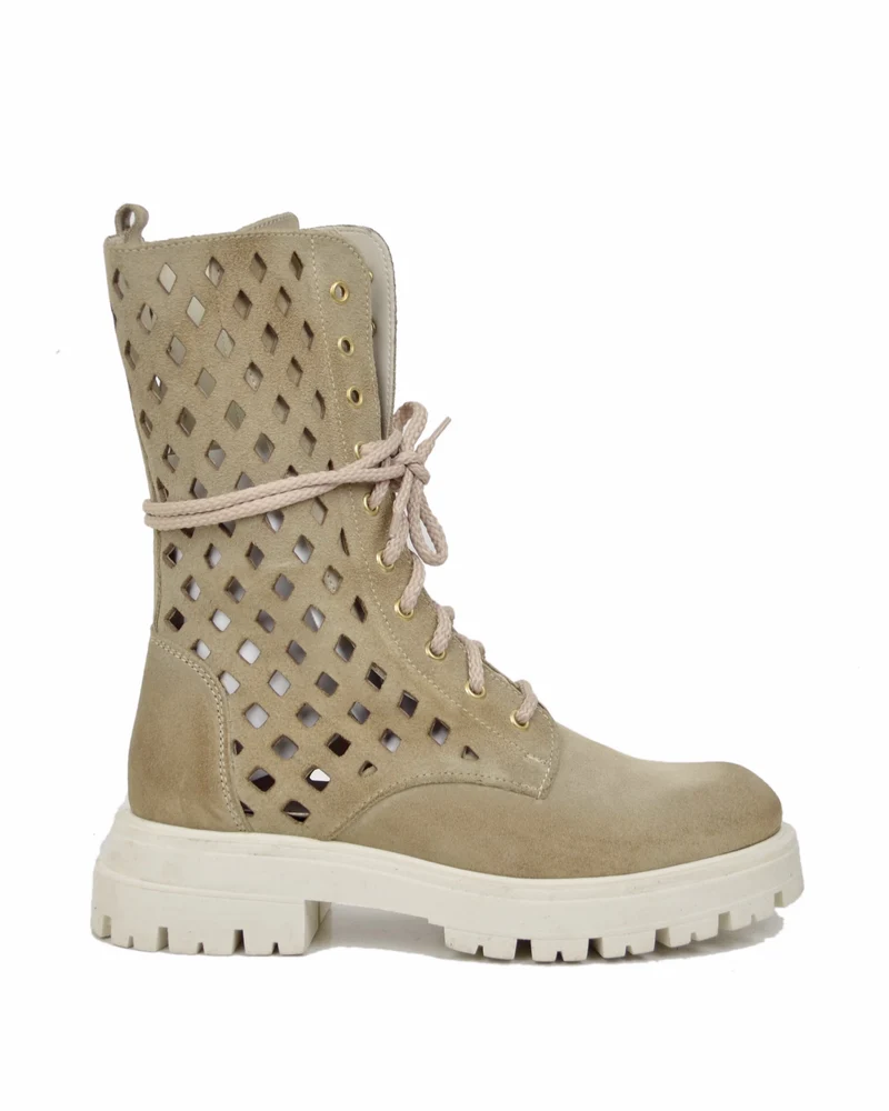 Anfibi Stringati Estivi 10 Occhielli Biker Boots Pelle Scamosciata Traforati a Rombi Beige