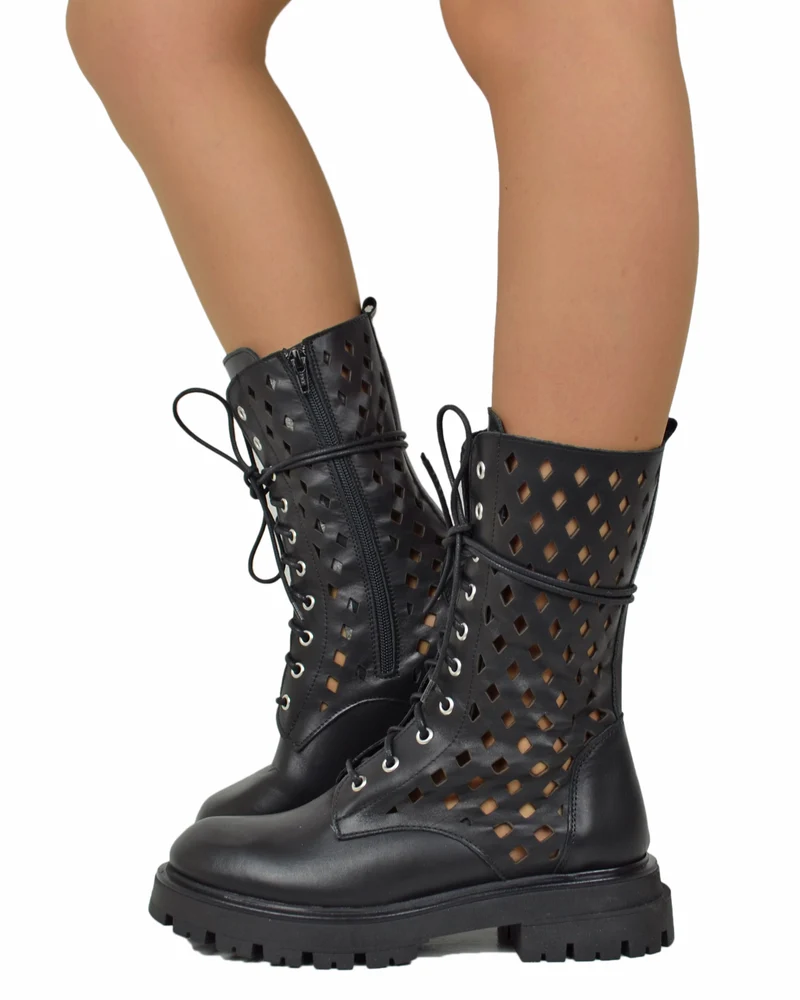 Anfibi Stringati Estivi 10 Occhielli Biker Boots Vera Pelle Traforati a Rombi Neri