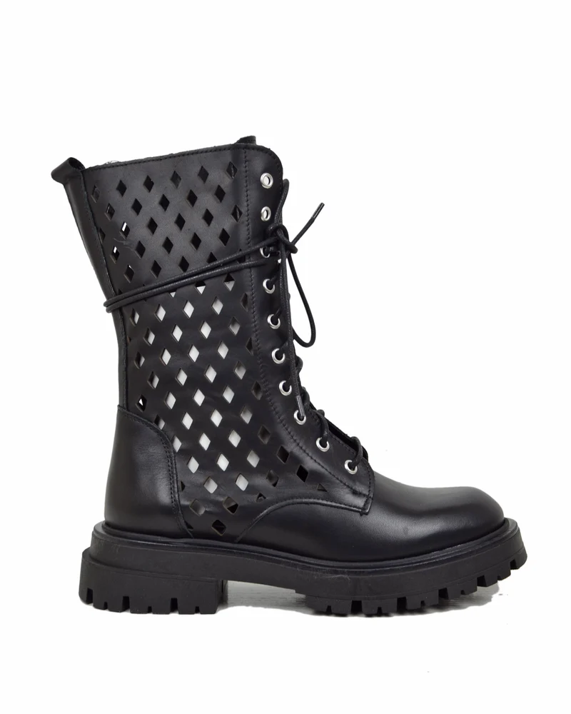 Anfibi Stringati Estivi 10 Occhielli Biker Boots Vera Pelle Traforati a Rombi Neri