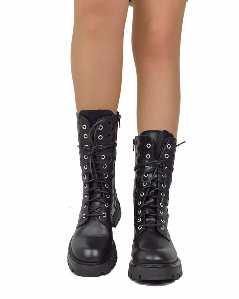 Anfibi Stringati Estivi 10 Occhielli Biker Boots Vera Pelle Traforati a Rombi Neri