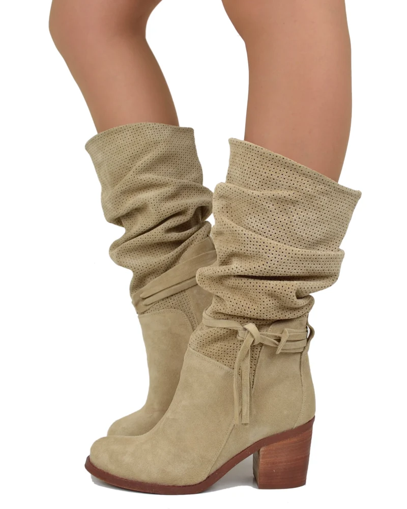 Stivali Estivi Donna Traforati in Pelle Sfumata Scamosciata Beige