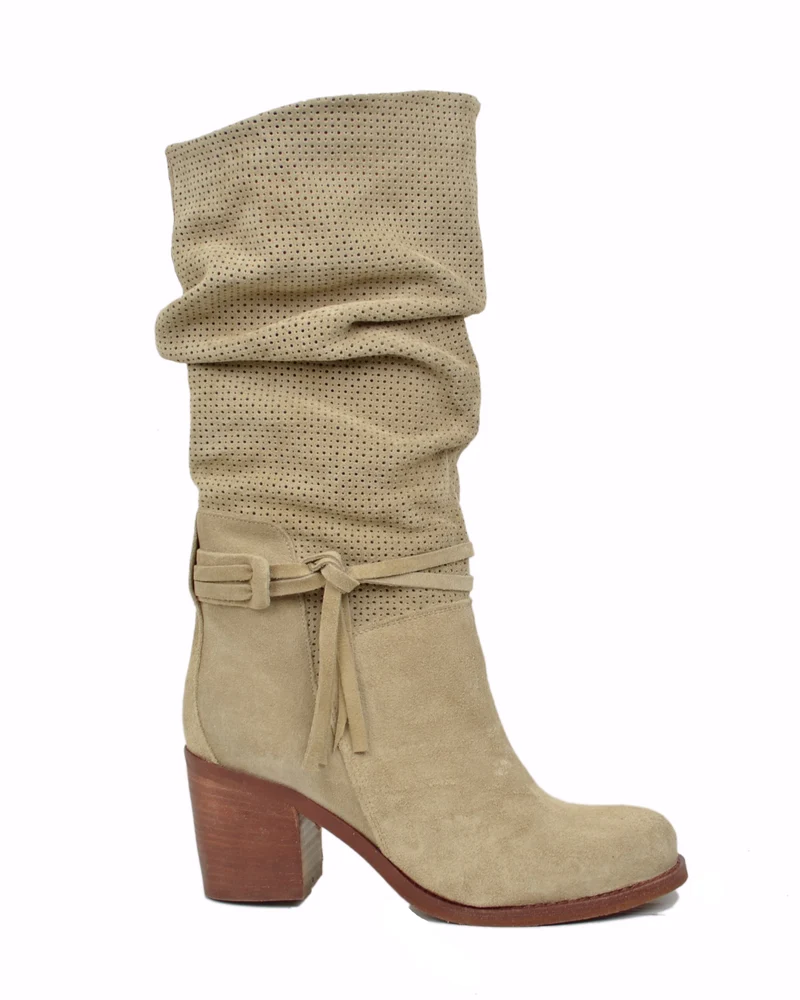 Stivali Estivi Donna Traforati in Pelle Sfumata Scamosciata Beige
