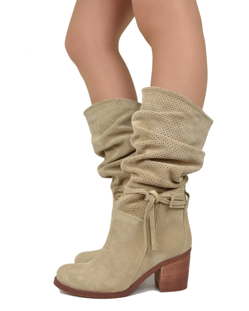 Stivali Estivi Donna Traforati in Pelle Sfumata Scamosciata Beige