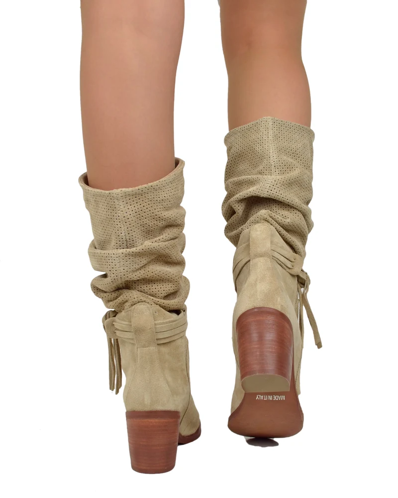 Stivali Estivi Donna Traforati in Pelle Sfumata Scamosciata Beige