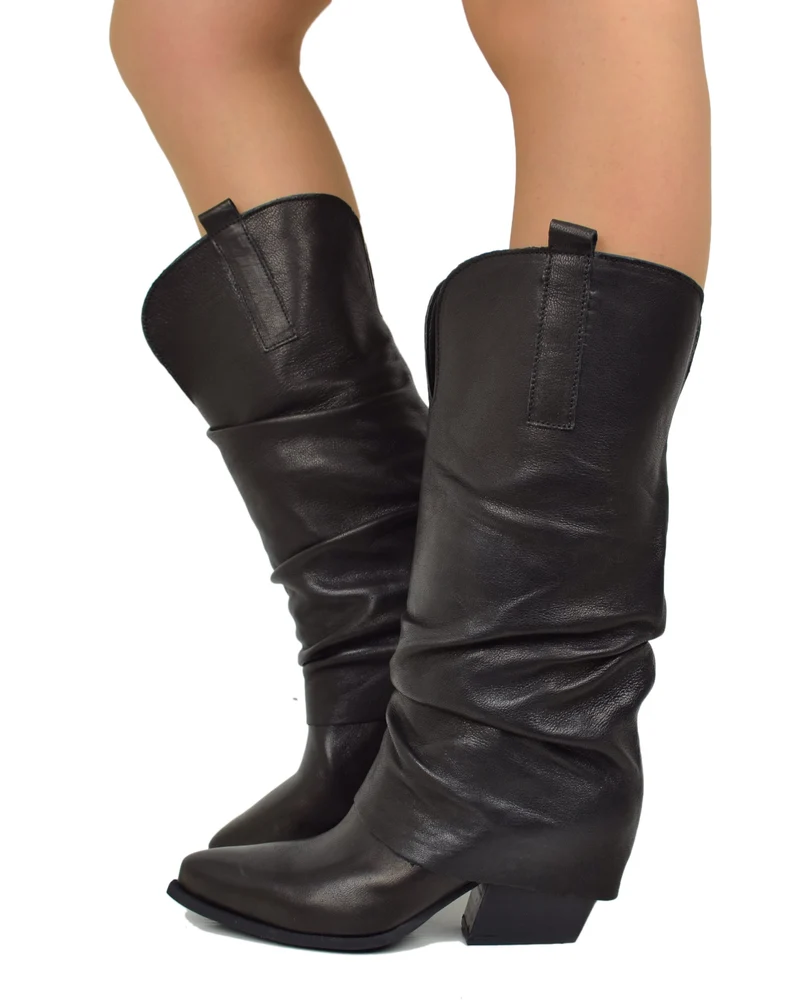Texani con Gambale Largo e Ghetta Morbida Vera Pelle Tacco 7 cm Neri