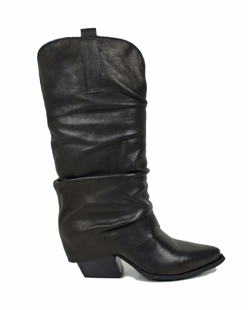 Texani con Gambale Largo e Ghetta Morbida Vera Pelle Tacco 7 cm Neri