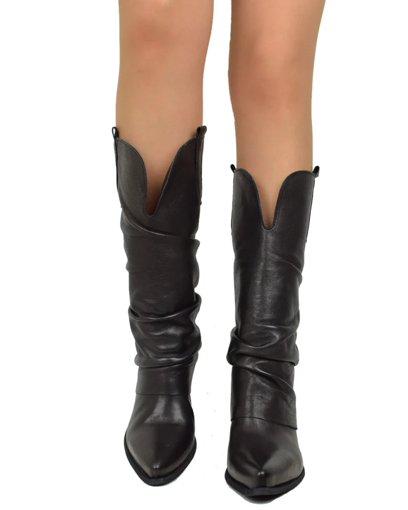 Texani con Gambale Largo e Ghetta Morbida Vera Pelle Tacco 7 cm Neri