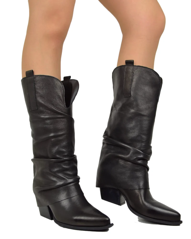 Texani con Gambale Largo e Ghetta Morbida Vera Pelle Tacco 7 cm Neri