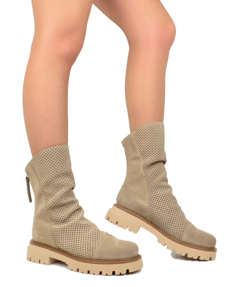 Biker Traforati Estivi Zip Dietro Stretti alla Caviglia Pelle Scamosciata Beige