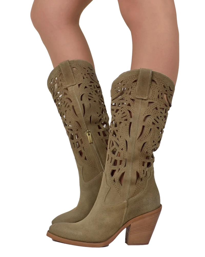 Texani Tacco Alto 9 cm Traforati Estivi Eleganti Pelle Scamosciata Made in Italy Taupe