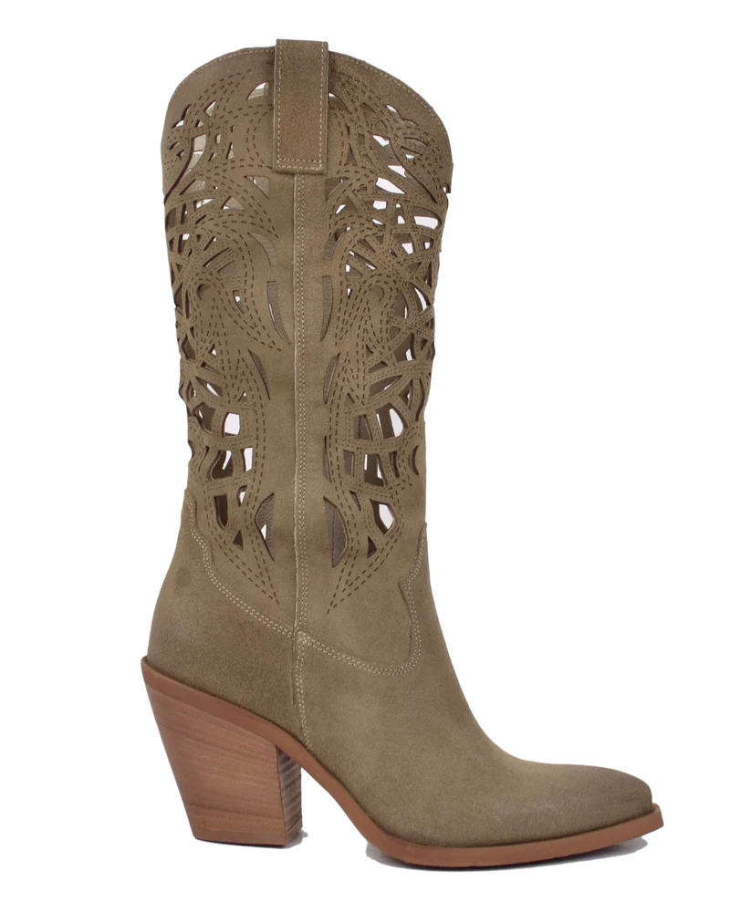 Texani Tacco Alto 9 cm Traforati Estivi Eleganti Pelle Scamosciata Made in Italy Taupe