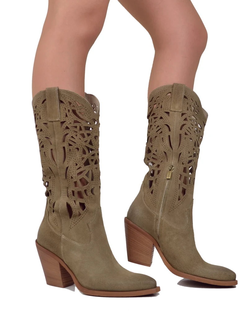 Texani Tacco Alto 9 cm Traforati Estivi Eleganti Pelle Scamosciata Made in Italy Taupe