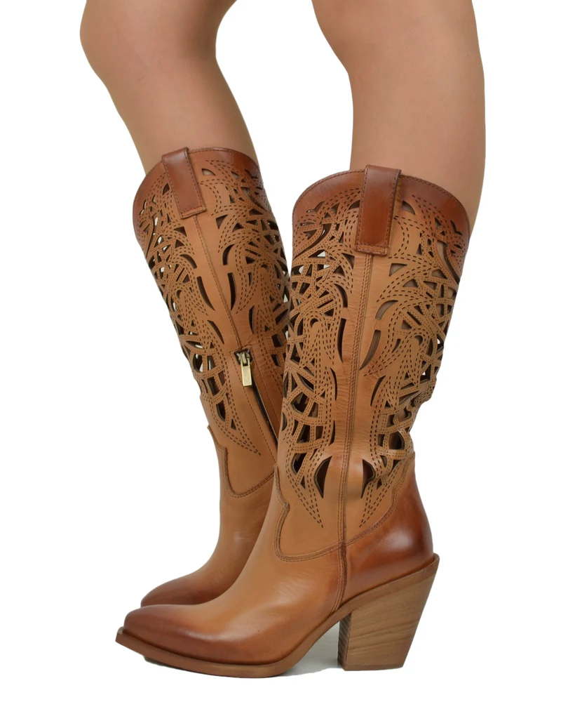 Texani Tacco Alto 9 cm Traforati Estivi Eleganti Vera Pelle Made in Italy Cuoio