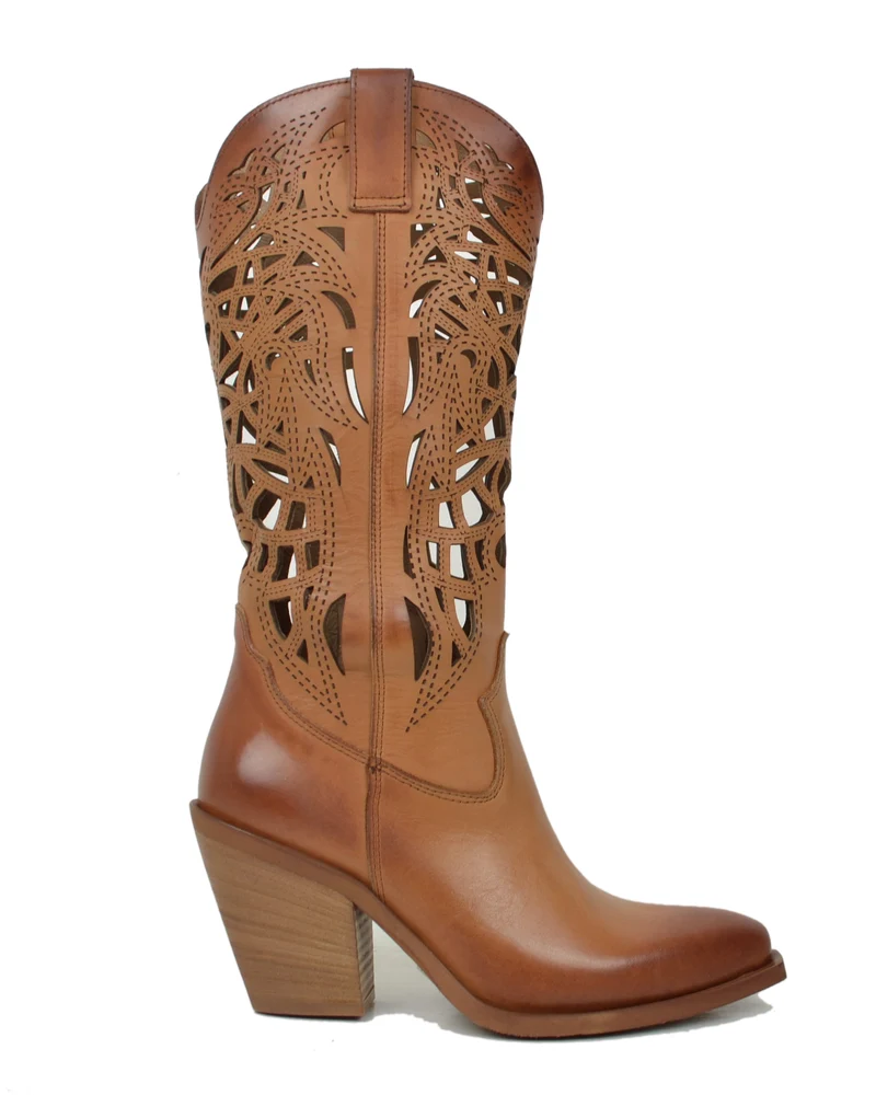 Texani Tacco Alto 9 cm Traforati Estivi Eleganti Vera Pelle Made in Italy Cuoio