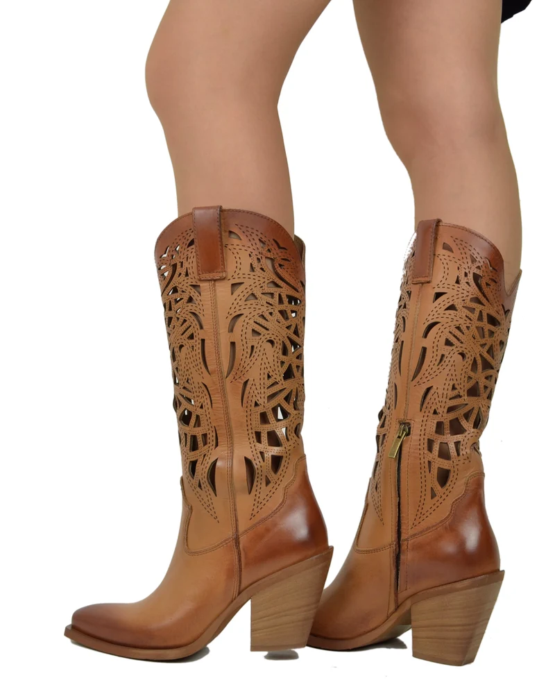 Texani Tacco Alto 9 cm Traforati Estivi Eleganti Vera Pelle Made in Italy Cuoio