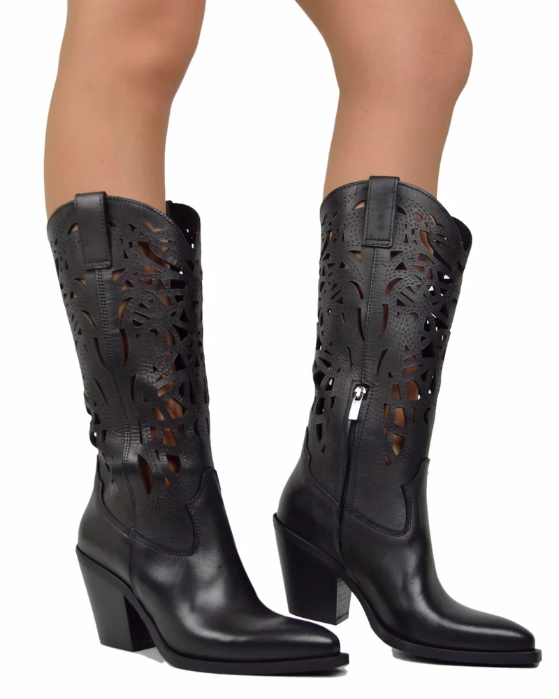 Texani Tacco Alto 9 cm Traforati Estivi Eleganti Vera Pelle Made in Italy Neri