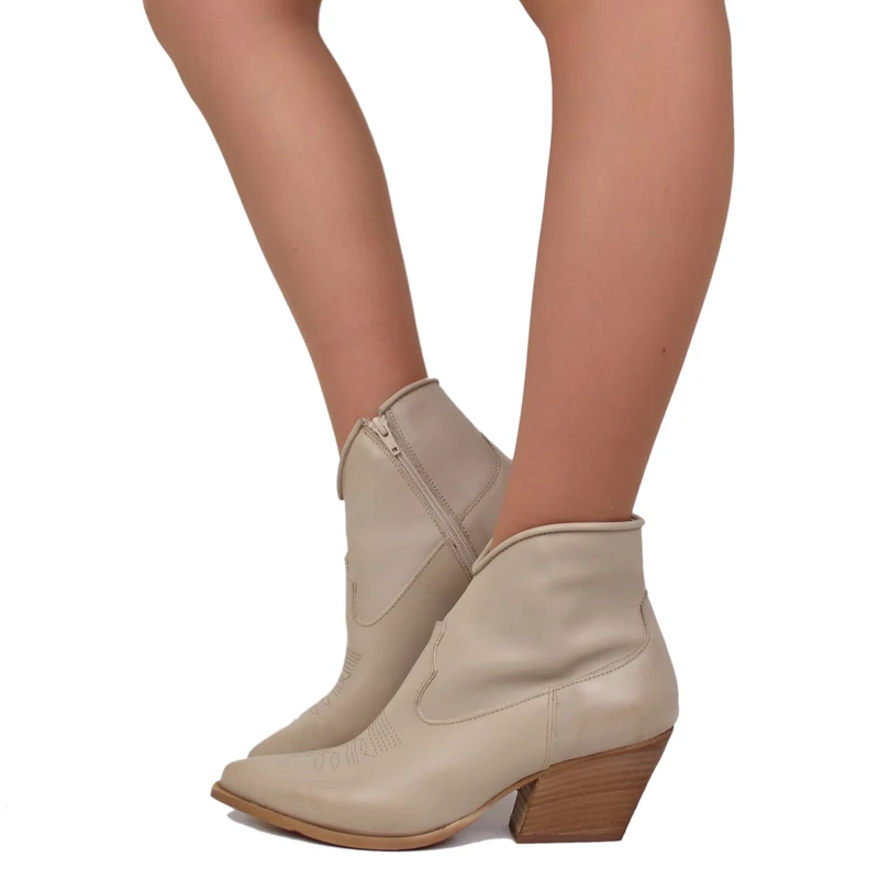Stivaletti Texani Donna Estivi Sfoderati in Vera Pelle Taupe Made in Italy