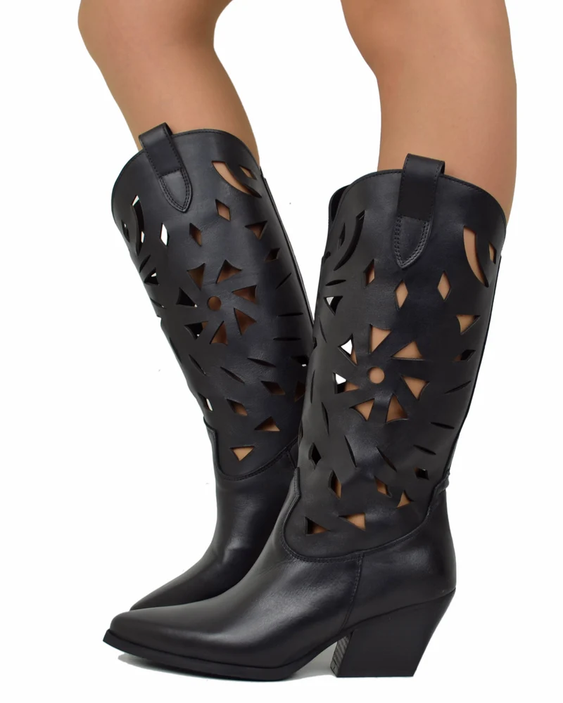 Texani Estivi Traforati a Fiore Tacco 7 cm Vera Pelle Neri Nuova Collezione