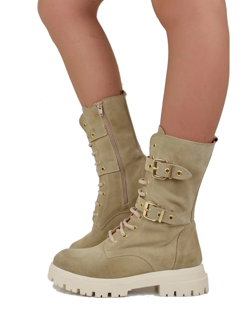 Stivali Anfibi Stringati Primavera Scamosciati Fibbie Dorati Beige