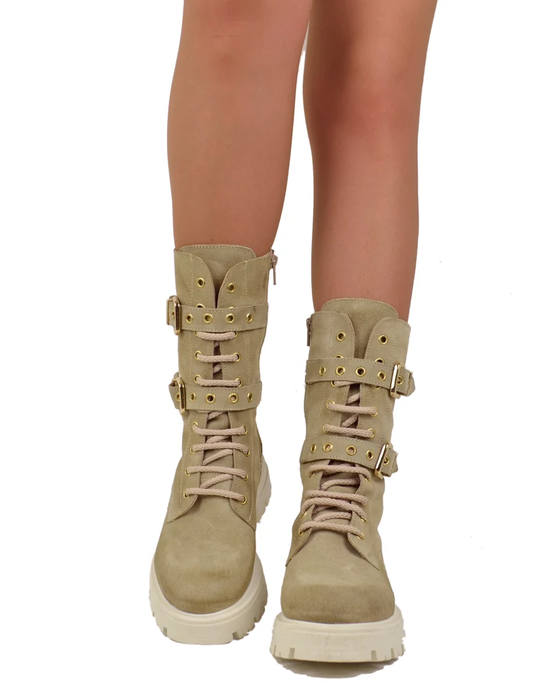 Stivali Anfibi Stringati Primavera Scamosciati Fibbie Dorati Beige