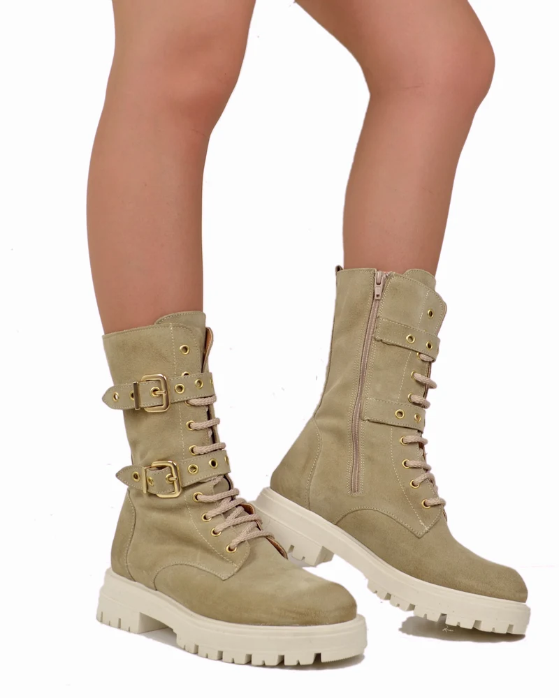 Stivali Anfibi Stringati Primavera Scamosciati Fibbie Dorati Beige